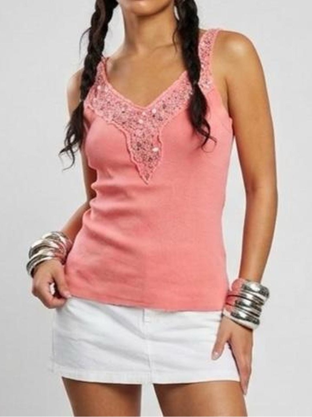 Vintage Anna Rossi Pink Beaded Tank Top Size S/M